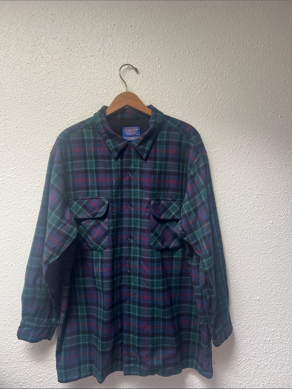 Pendleton Green, Navy & Red Plaid Button-Down Board Shirt 100% Virgin Wool